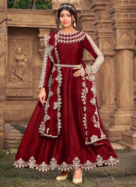 Maroon Colour New Designer Wedding Wear Heavy Silk Anarkali Salwar Suit Collection 2023 A